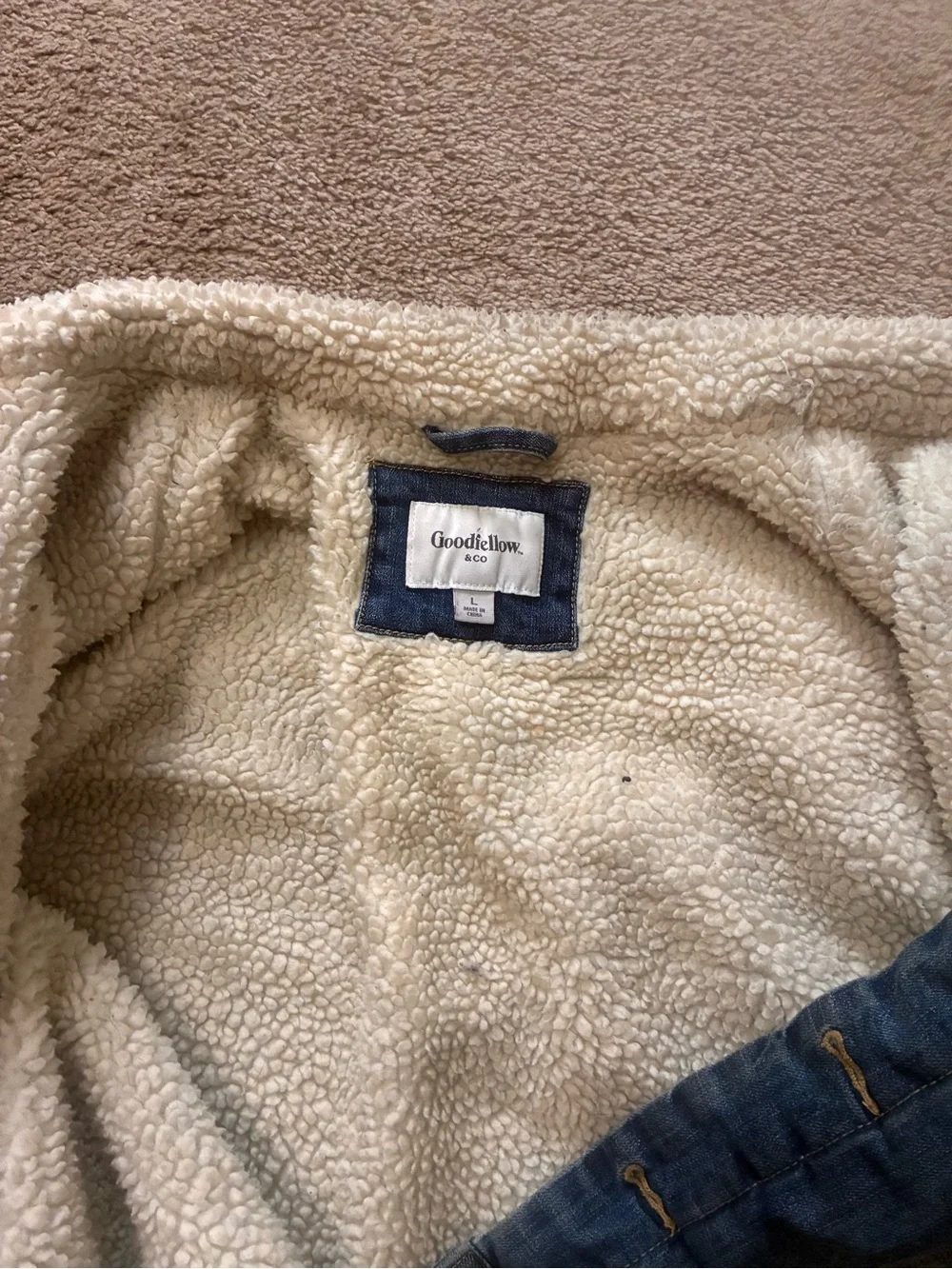 Goodfellow & Co Cream Sherpa Coat with Denim Trim